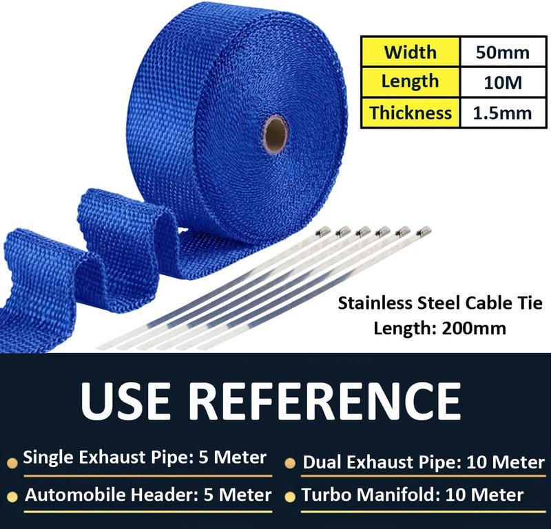 LKRXW Blue Exhaust Heat Wrap 2" x 32 Feet Motorcycle Exhaust Header Pipe Wrap Fiberglass Heat Shield Tape Car Manifold Insulation Thermal Protection with 6pcs Stainless Ties - Image 5